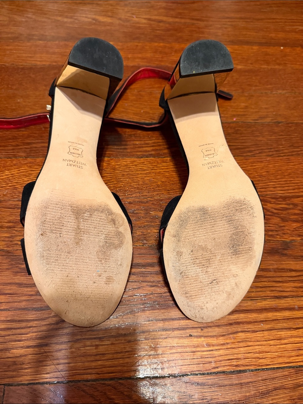 Stuart Weitzman Black Suede Crisscross Block Heel Sandals with Red Insole - Picture 5 of 5